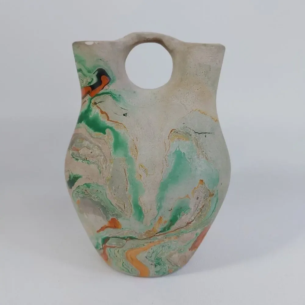 Nemadji Pottery Vase Native American Style‎ Double Spout Green Wedding Vase